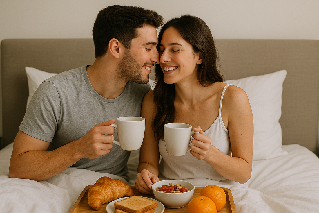 Una pareja enamorada compartiendo un desayuno romántico en la cama